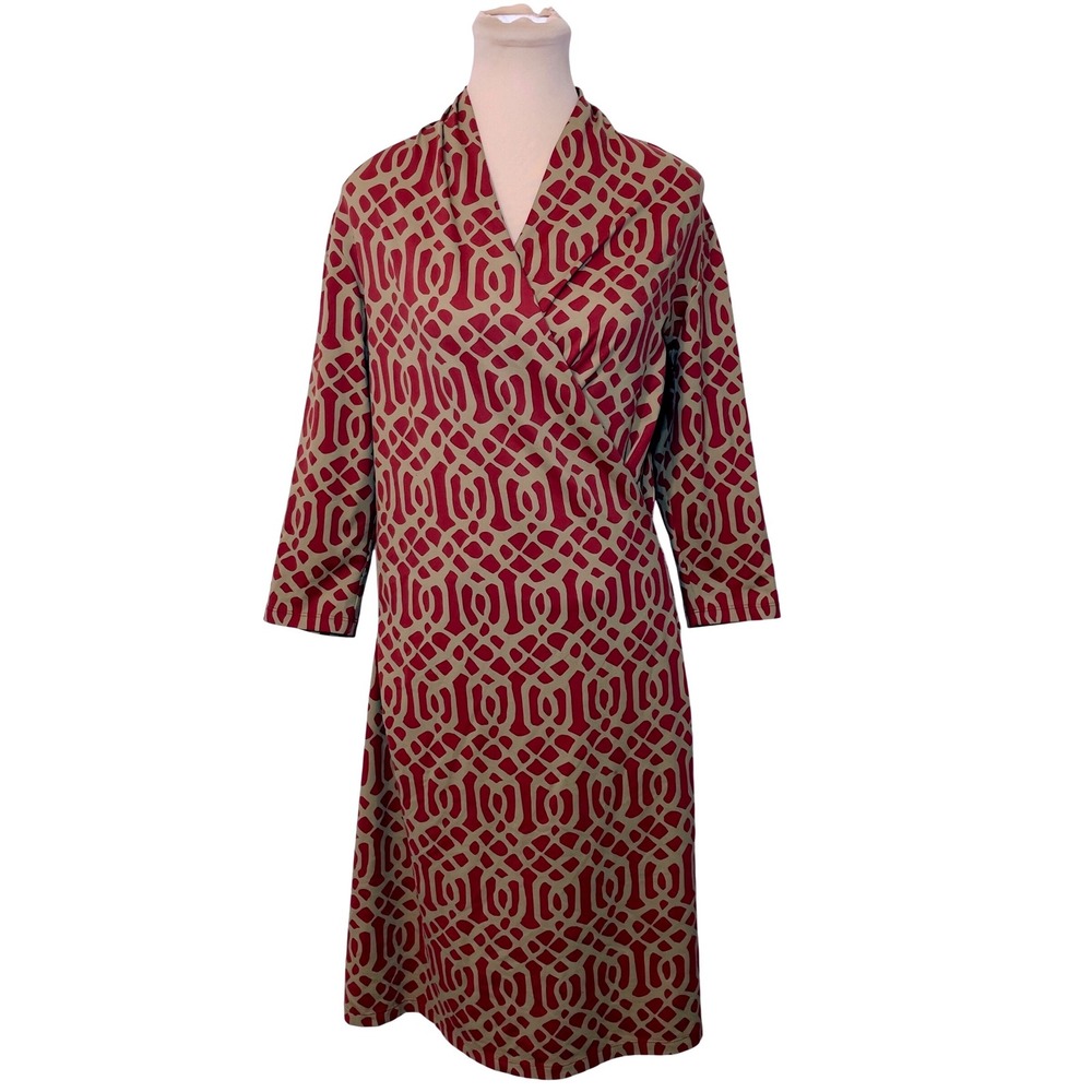 J.McLaughlin Womens Geometric Faux Wrap Dress Medium Burgundy Tan 3/4 Sleeve